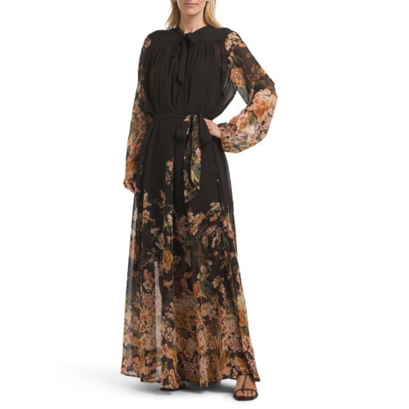 NANCY YANG Black Long Sleeve Printed Maxi Dress - Picture 1 of 2
